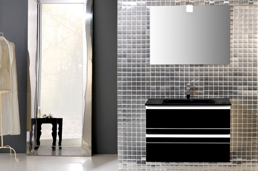 meuble naxani ritz suspendu blanc, 80 cm, 2 tiroirs noir laque, plan de toilette en verre noir, miroir 80x50 et eclairage compris