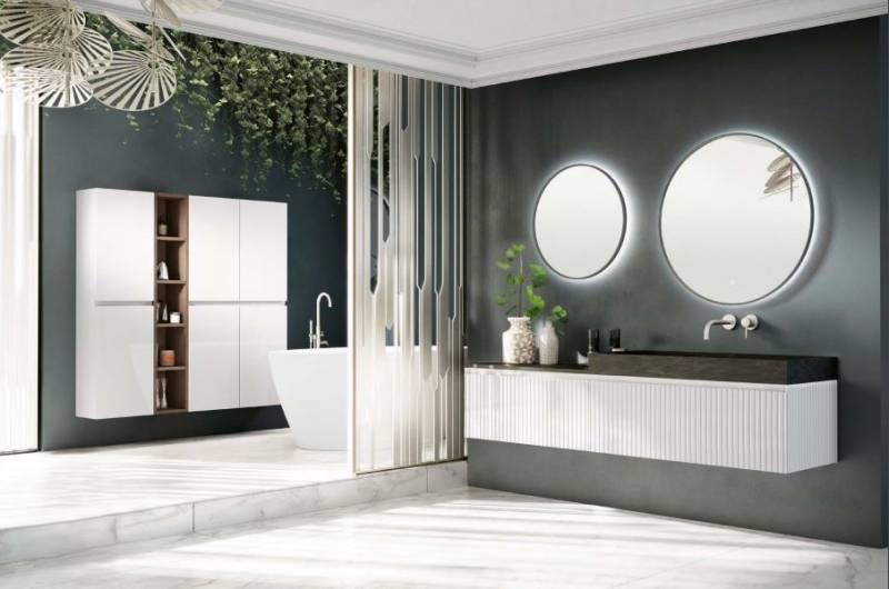 Meuble Trazo blanc brillant en 181 cm plateau en pierre compacte noir marquina