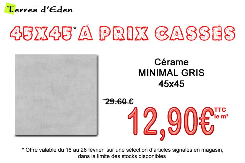 Promotion carrelage intérieur 45x45 cérame Minimal Gris