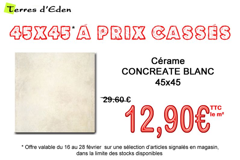 Promotion carrelage intérieur 45x45 cérame Concreate Blanc