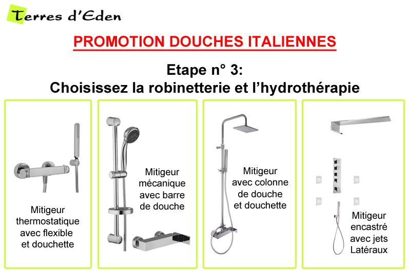 Etape 3 Le choix de la robinetterie et de l'hydrothérapie pour votre douche italienne